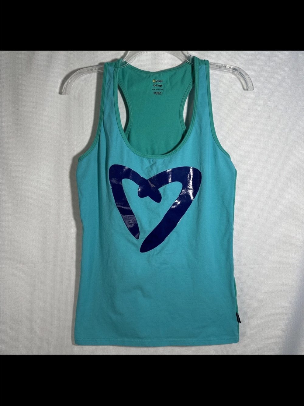 Zumba Fitness Teal Tank Top with Navy Heart Graphic